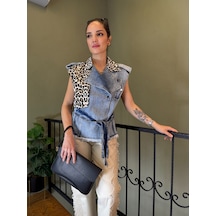 Ali Butik Leopar Detaylı Denim Yelek