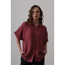 Yarım Balon Kol Çizgili Gömlek - Bordo Bordo