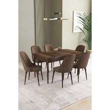 Ikon Barok Desen 80x132 Açılabilir Mdf Masa Yemek Odası Takımı, Mutfak Takımı 6 Adet Sandalye Kahverengi