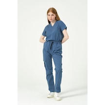 İndigo Likralı Scrubs Kargo Cep Doktor Hemşire Forması Yarasa Kol Takım Unisex