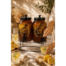2'li Amber Cam İçecek Sebili Musluklu Standlı Limonata Dispenseri Sunumluk Set 4 L + 4 L