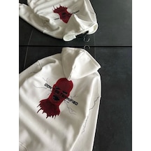Yake Store Üç İplik Kapşonlu Baskılı Oversize Sweatshirt- Beyaz - Beyaz