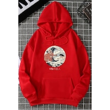 Uyguntarz Unisex Kanagawa Oki Nami Ura Baskılı Sweatshirt Kırmızı