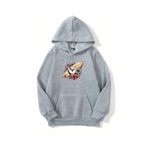 Unisex Gri Kapüşonlu Sweatshirt Surf Baskılı,şardonlu Kalın Kumaş Gri