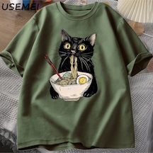 Flood Of Style Şehriye Ramen Kedi T-shirt Foodie Lover T Shirt Siyah Kedi Şehriye T-shirt Retro Rahat Kısa K Yeşil