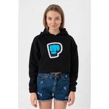 Piewdiepie Active Siyah Kadın Crop Kapşonlu 001