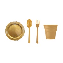 Omeyva Dayanıklı Mika Plastik Altın Sorfa Piknik Seti - 24 Kişilik Tabak Bardak Çatal Kaşık Takımı