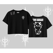 Tarzsokak Sevimli Kedi Çizimli Arka Baskılı Oversize Crop Tshirt Siyah