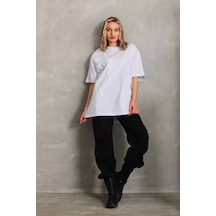Unisex Bisiklet Yaka 20/1 Düz Oversize T-shirt - Beyaz