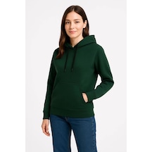 Kadın 3 İplik Pamuklu Kapüşonlu Kanguru Cepli Sweatshirt Hoodie - Haki