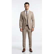 Erkek Slim Fit Takım Elbise Yelekli Modern Kesim Likralı Esnek Kumaş Kırışmaz Şık Düğün Davet Takımı Bej