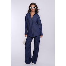 Madmext Mavi Basic Kadın Gömlek Pantolon İkili Takım Mg2383 Mavi