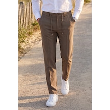 Rizzup Erkek Slim Fit Çizgili Kahve Kumaş Pantolon İpli Esnek Bel Likralı Spor Pantolon 2700240