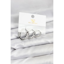 Pirinç Gümüş Renk Zirkon Taşlı Petek Halka Model Ysx Trio Küpe Seti Çok Renkli