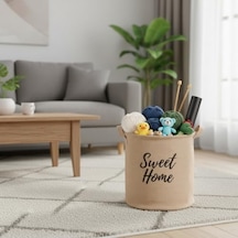 "" Yuvarlak Jüt Düzenleyici Sepet Çap 32cm, Yükseklik 36cm Krem Renk Katlanabilir Kumaş Kulplu Organizer Büyük Boy Oyuncak, Çamaşır, Battaniye Ve Ev Tekstili Sepeti Açık Ahşap