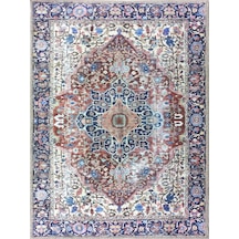 Lacivert Ve Kahverengi Madalyon Desenli Vintage Halı Kırmızı