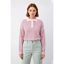 Ersefa Kadınlar İçin Konforlu Oversize Polo Yaka Triko Kazak Kışlık Günl Pembe