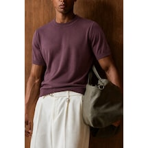 Tarz Cool Erkek Bisiklet Yaka Kısa Kollu İnce Triko Slim Fit Günlük Şık Triko T-shirt Mor