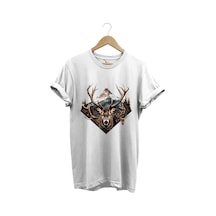 Avcılık Geyik Avı Dağ Doğa Baskılı Minimal Regular Fit %100 Pamuk Beyaz T-shirt Beyaz