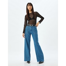 Koton Geniş Paça Kot Pantolon Cep Detaylı Normal Bel Kesik Paça Pamuklu - Wide Leg Jeans Orta İndigo 5wal40074md Indigo İndigo