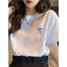Unisex Beyaz Oversize Flower Baskılı Örme T-shirt Beyaz