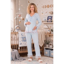 Lady Bebe Mavi Renkli, Dantel Detaylı, 33208 Uzun Kol, 2 Parça Lohusa Hamile Pijama Takımı Açık Mavi