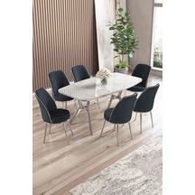 Canisa Lena Serisi 90x160 Lak Panel Beyaz Mermer Desen Krom Ayaklı Masa Takımı Ve 6 Antrasit Sandalye Beyaz Mermer Desen Masa Sandalyeler Antrasit