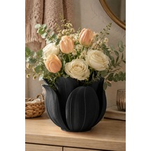 3d Baskı Lotus Yapraklı Vazo - Dekoratif Çiçeklik-siyah