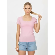 Park Karon 26016 Kadın Dantel Detaylı Kare Yaka Modal Örme Bluz Pembe