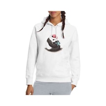 Panda Baskılı Beyaz Kadın Kapşonlu Sweatshirt (534772702)