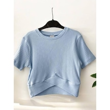 Zekids Kız Çocuk Fitilli Yarım Kol Crop T-shirt-14485 Mavi