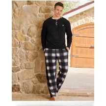 Pijamoni Erkek Düğme Yaka Kışlık Polar Pijama Takımı 6100/12 - 1 Adet Siyah