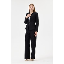 Velnara Moda Siyah Klasik Kadın Takım Elbise-sıfır Yaka Ceket & Boru Paça Cepli Pantolon Siyah - 927010459 Siyah