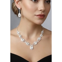 Accessories Hürrem Model Janjan Taşlı Kolye Küpe Takı Seti - Gelin Düğün Nişan Abiye Set Gümüş