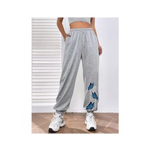 Tarzsokak Letter & Butterfly Print Slant Pocket 4 Mevsim Eşofman Gri