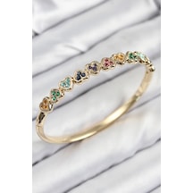 Pirinç Renkli Zirkon Taşlı Sıralı Kalp Model Gold Renk Kadın Kelepçe Çok Renkli
