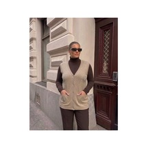Onno Style Women Cebi Taşlı Çelik Örgü Klasik Triko Yelek Krem