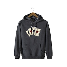 Unisex Antrasit Kapüşonlu Önü İskambil Kağıdı Baskılı Slim Fit Kanguru Cepli Sweatshirt Antrasit