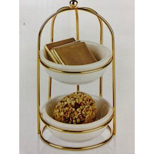 2 Katlı Gold Detaylı Standlı Porselen Yuvarlak Kaseli Şekerlik Sosluk Sunumluk