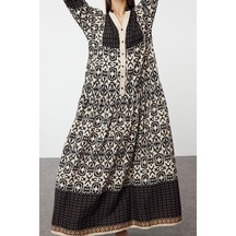 Ersefa Moda Rahat Casual Günlük Shally Dokuma Hakim Yaka Uzun Kol A-line Siyah