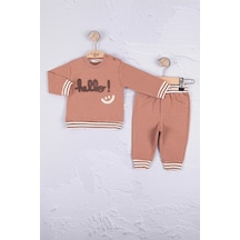 Babydonat Hello Nakışlı % 100 Pamuk 2'li Erkek Bebek Takımım Kahverengi