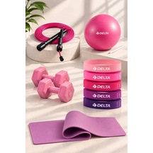 Pilates Egzersiz Seti 6 Mm Mat 5 Li Lateks Direnç Bandı 20 Cm Top Atlama İpi 1 Kg X2 Dambıl Pembe