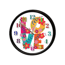 Çiçekli Love Yazılı Dekoratif Duvar Saati 28 Cm Sessiz Mekanizma Çok Renkli