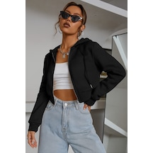 Cool Tarz Kadın Kapüşonlu Şardonlu Siyah Renk Crop Sweatshirt Siyah Siyah