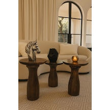 Ahşap Mantar Sehpa 3 Lü Set Ceviz Renk Zigon Ve Fiskos Sehpa Takımı - Coffee Table Ceviz