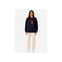 Herkesemoda Amour Baskı Detaylı Şardonlu 2 İplik Bisiklet Yaka Sweatshirt Lacivert