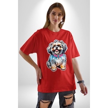 Shih Tzu Renkli Köpek Pamuklu Bisiklet Yaka Unisex Oversize Boyfriend Dijital Baskılı Kırmızı T-shirt Kırmızı