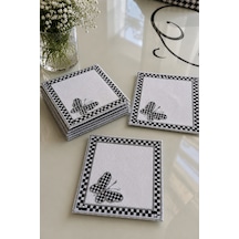 6 Lı Kelebek Desenli Gümüş Ekose Kokteyl Peçetelik 13x13 - Kare Kahve Sunumluğu,