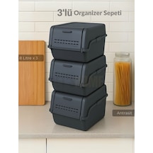 3'lü Set Organizer Erzak Kutusu Bpa Free Saklama Kutusu Soğanlık Sebzelik Sepet Antrasit 8 Lt X 3 Antrasit