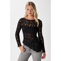 Ritnice Angel Asimetrik Siyah Uzun Kollu Dantel Top / Bluz Siyah